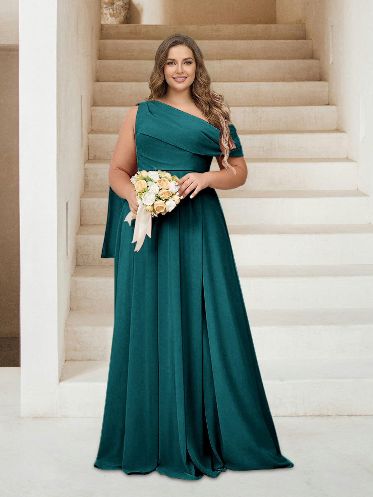 A-Line/Princess One-Shoulder Floor-Length Sleeveless Plus Size Bridesmaid Dresses Peacock