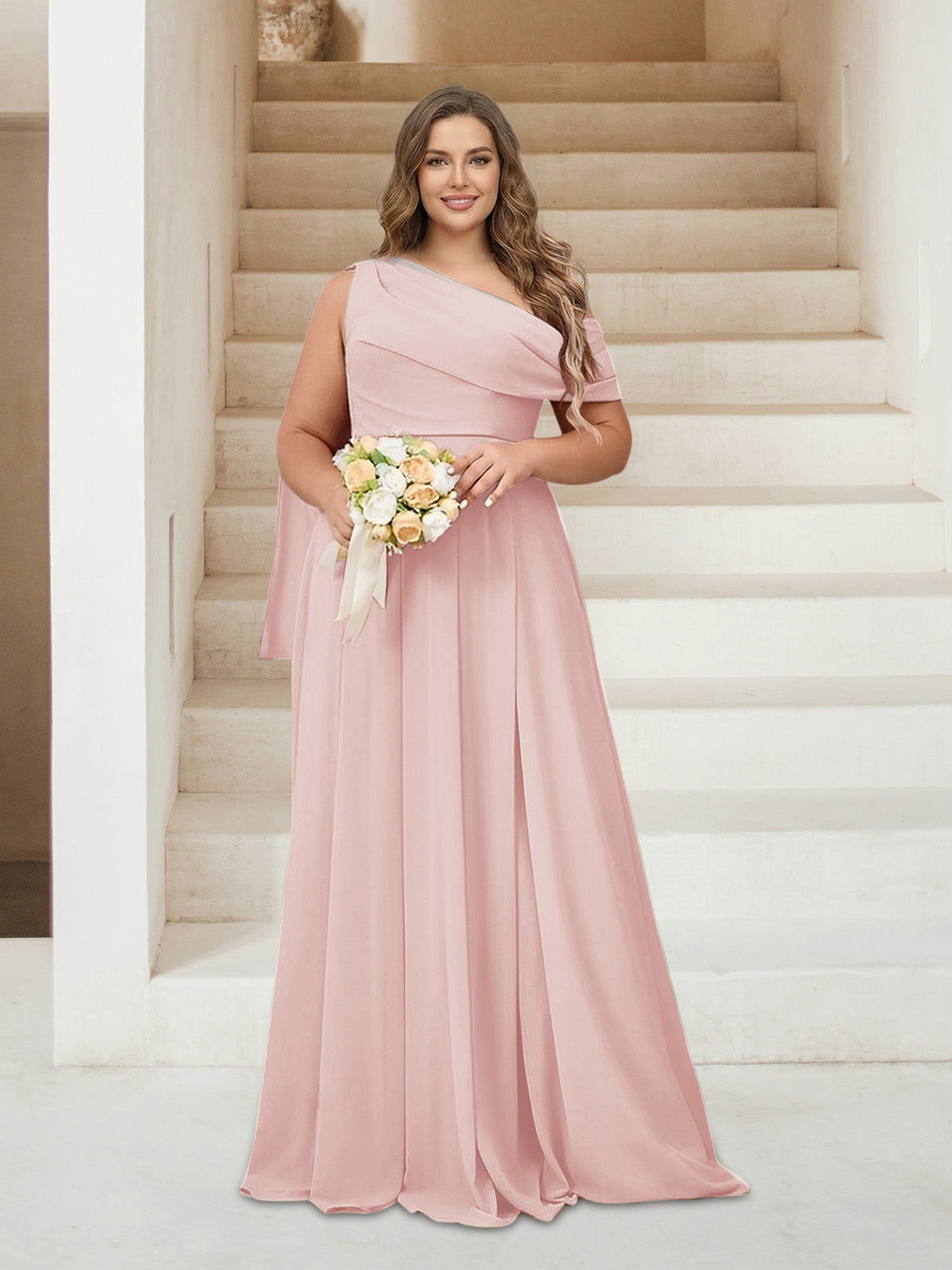 A-Line/Princess One-Shoulder Floor-Length Sleeveless Plus Size Bridesmaid Dresses Pearl Pink