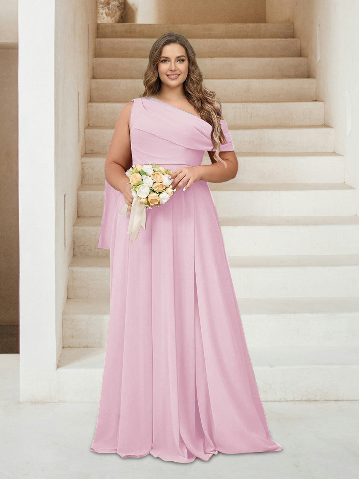 A-Line/Princess One-Shoulder Floor-Length Sleeveless Plus Size Bridesmaid Dresses Pink