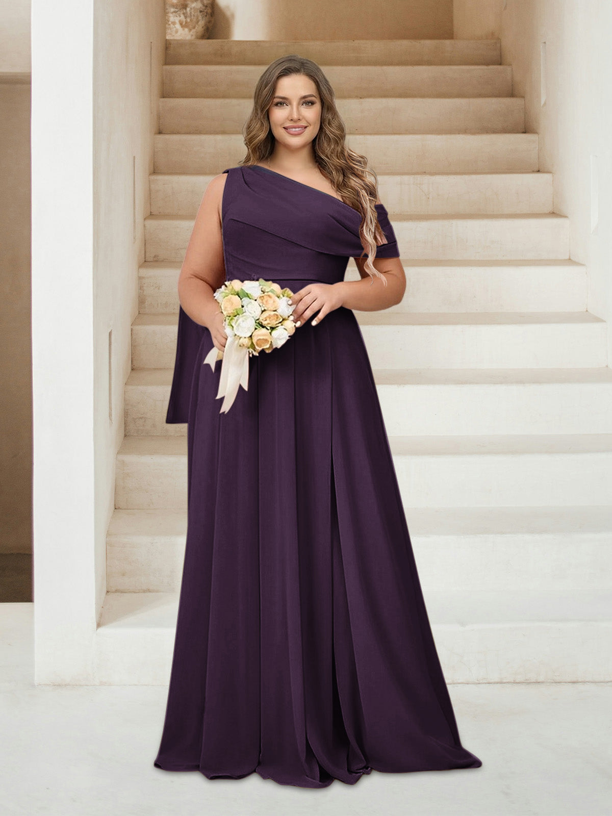 A-Line/Princess One-Shoulder Floor-Length Sleeveless Plus Size Bridesmaid Dresses Plum