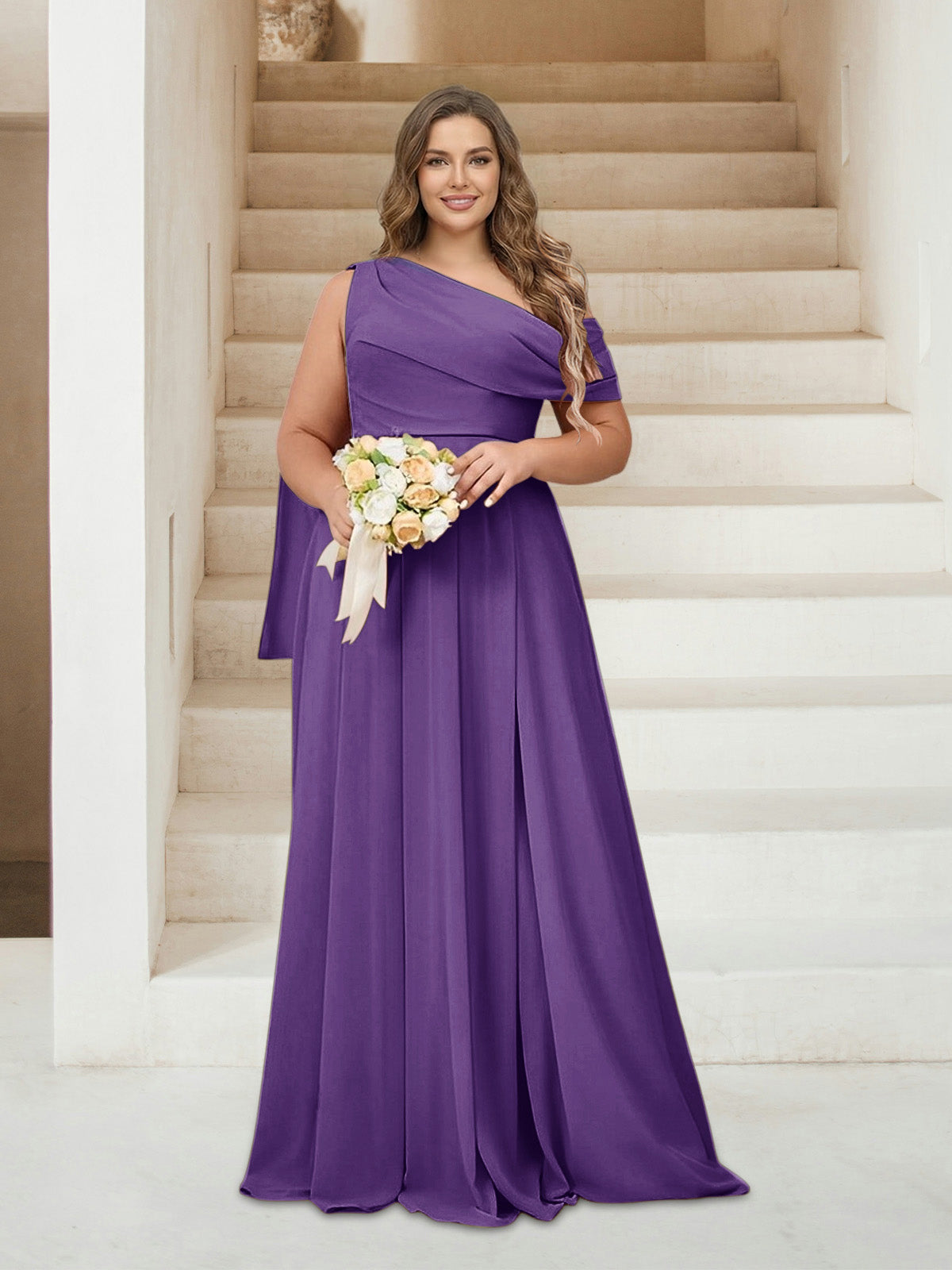 A-Line/Princess One-Shoulder Floor-Length Sleeveless Plus Size Bridesmaid Dresses Purple