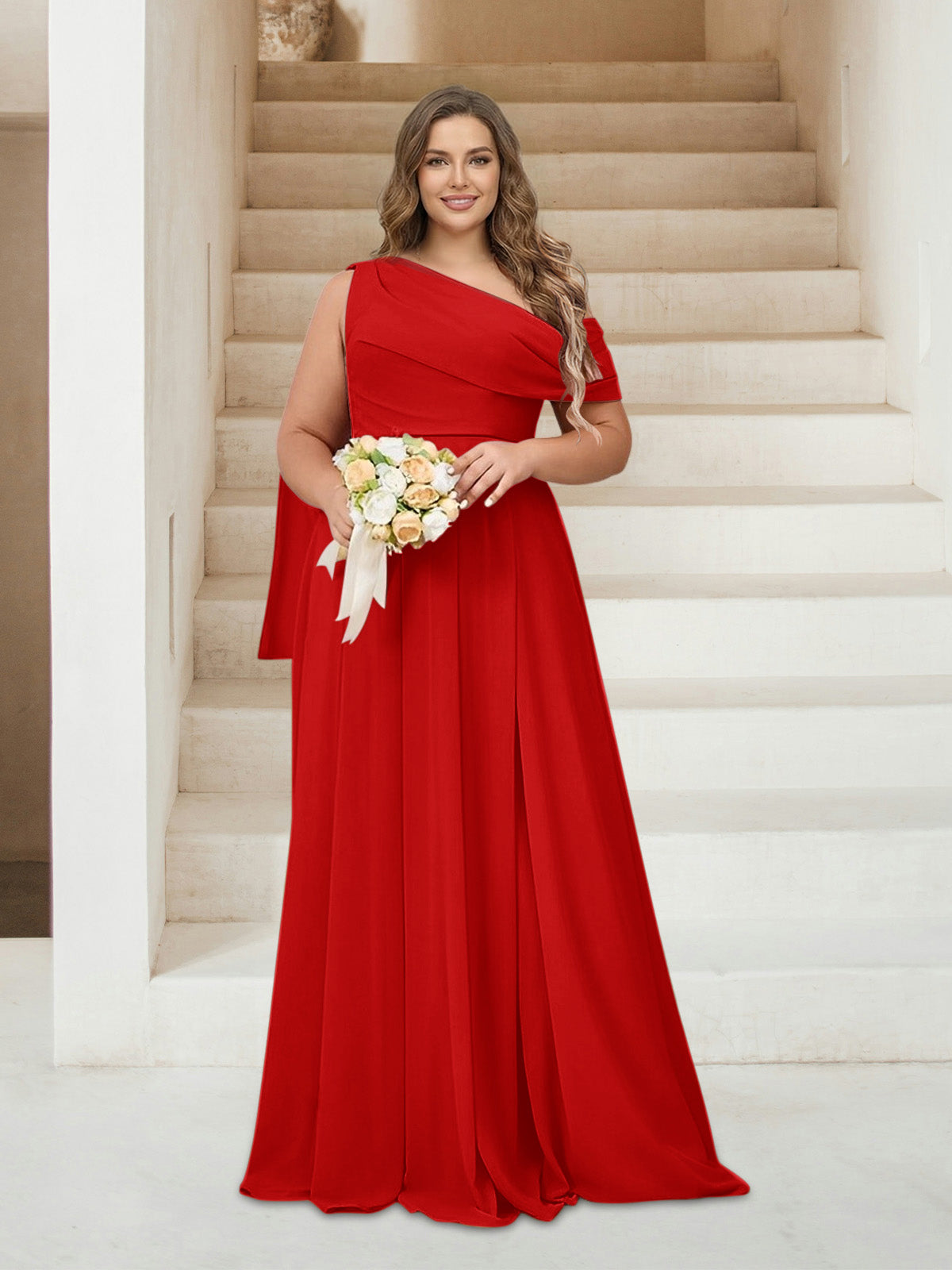 A-Line/Princess One-Shoulder Floor-Length Sleeveless Plus Size Bridesmaid Dresses Red