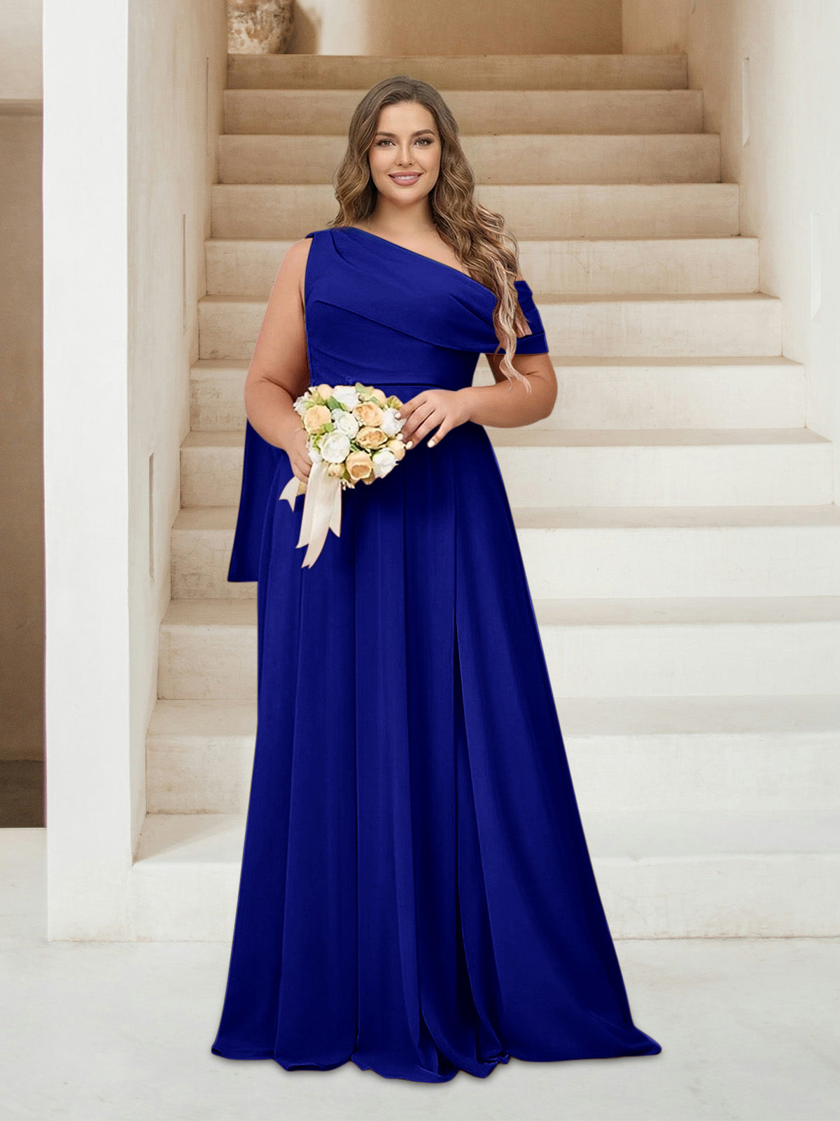A-Line/Princess One-Shoulder Floor-Length Sleeveless Plus Size Bridesmaid Dresses Royal Blue