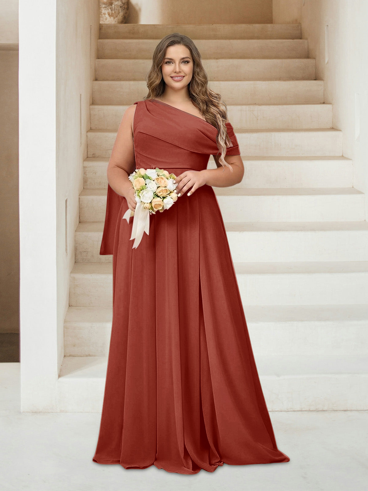 A-Line/Princess One-Shoulder Floor-Length Sleeveless Plus Size Bridesmaid Dresses Rust