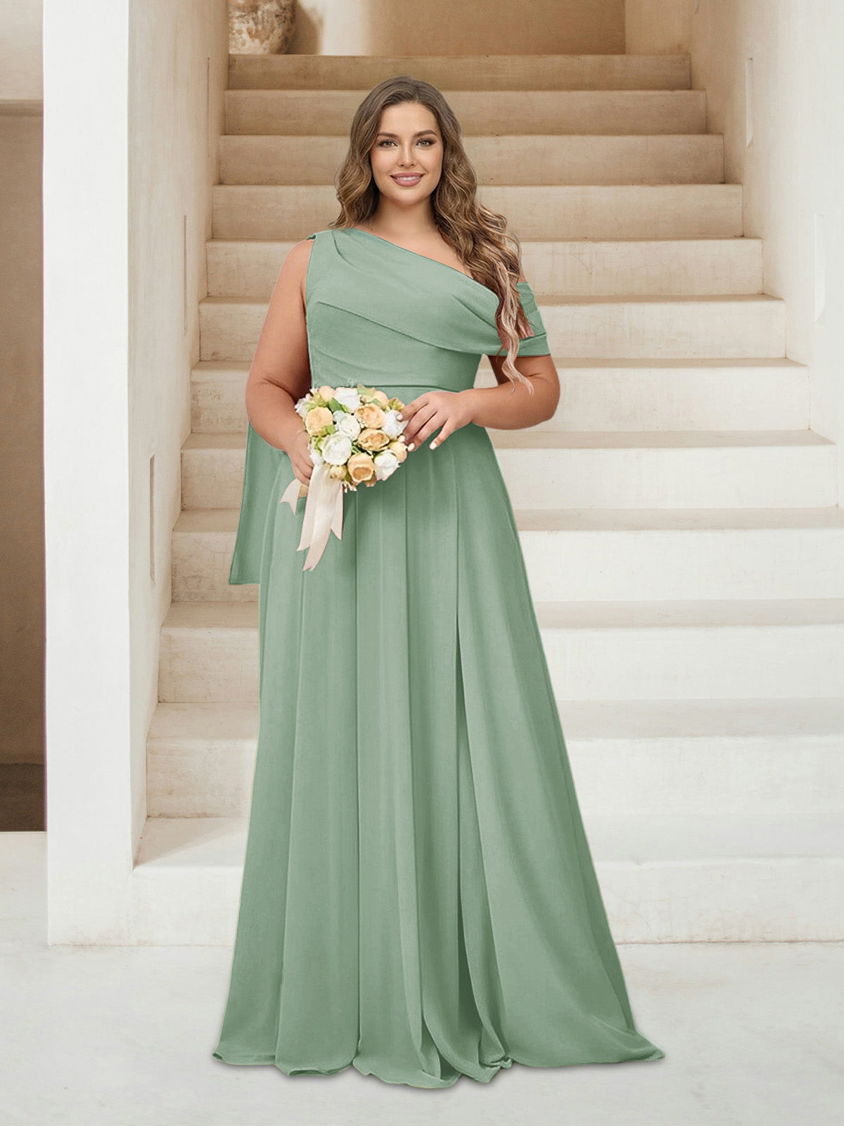 A-Line/Princess One-Shoulder Floor-Length Sleeveless Plus Size Bridesmaid Dresses Sage