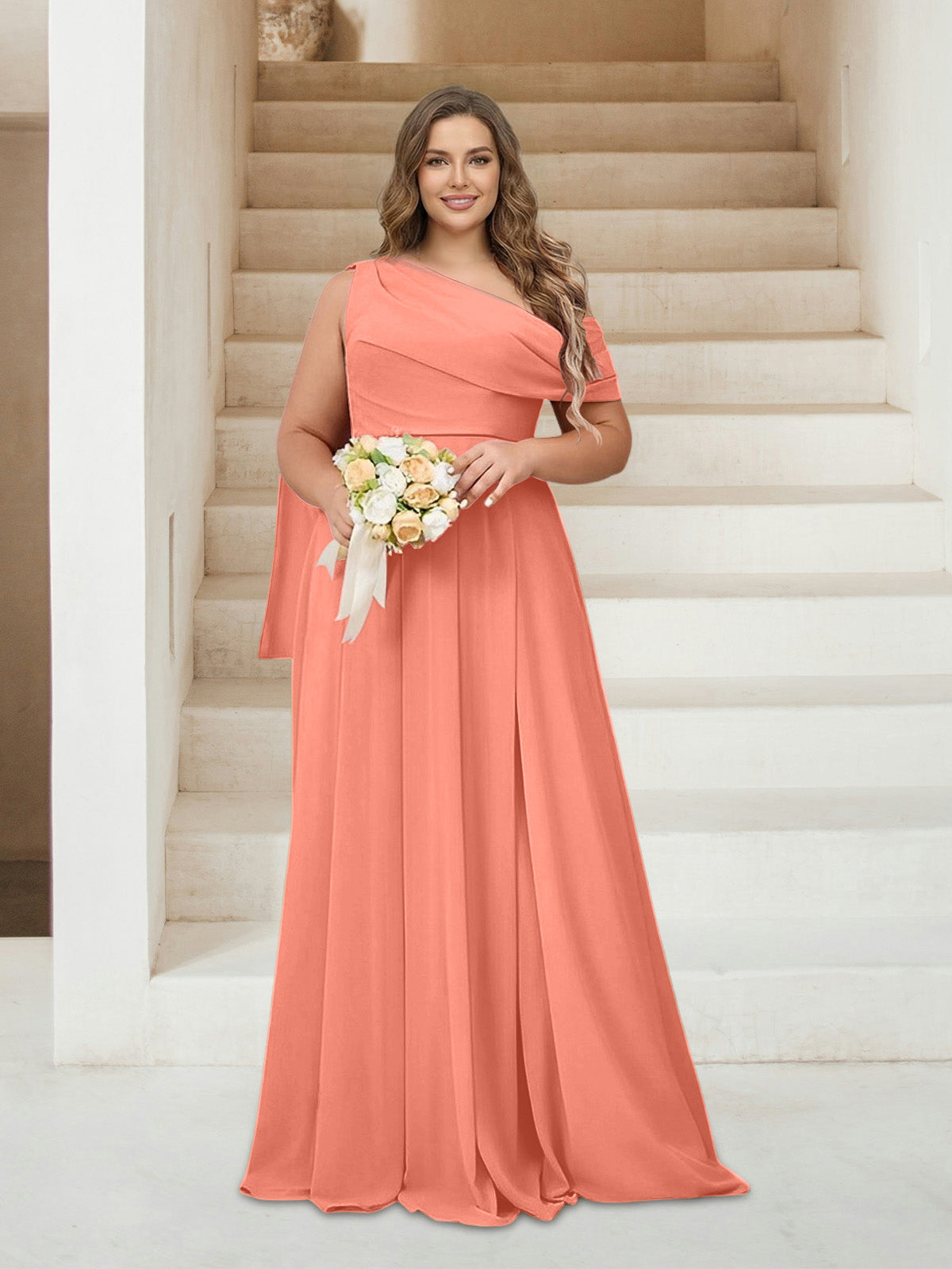 A-Line/Princess One-Shoulder Floor-Length Sleeveless Plus Size Bridesmaid Dresses Salmon