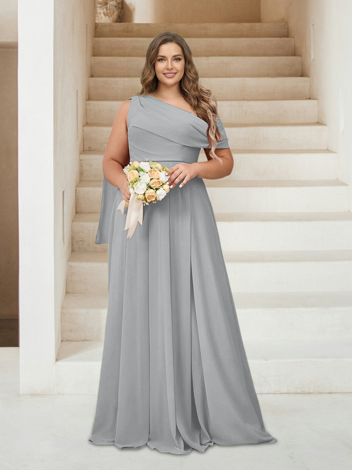 A-Line/Princess One-Shoulder Floor-Length Sleeveless Plus Size Bridesmaid Dresses Silver