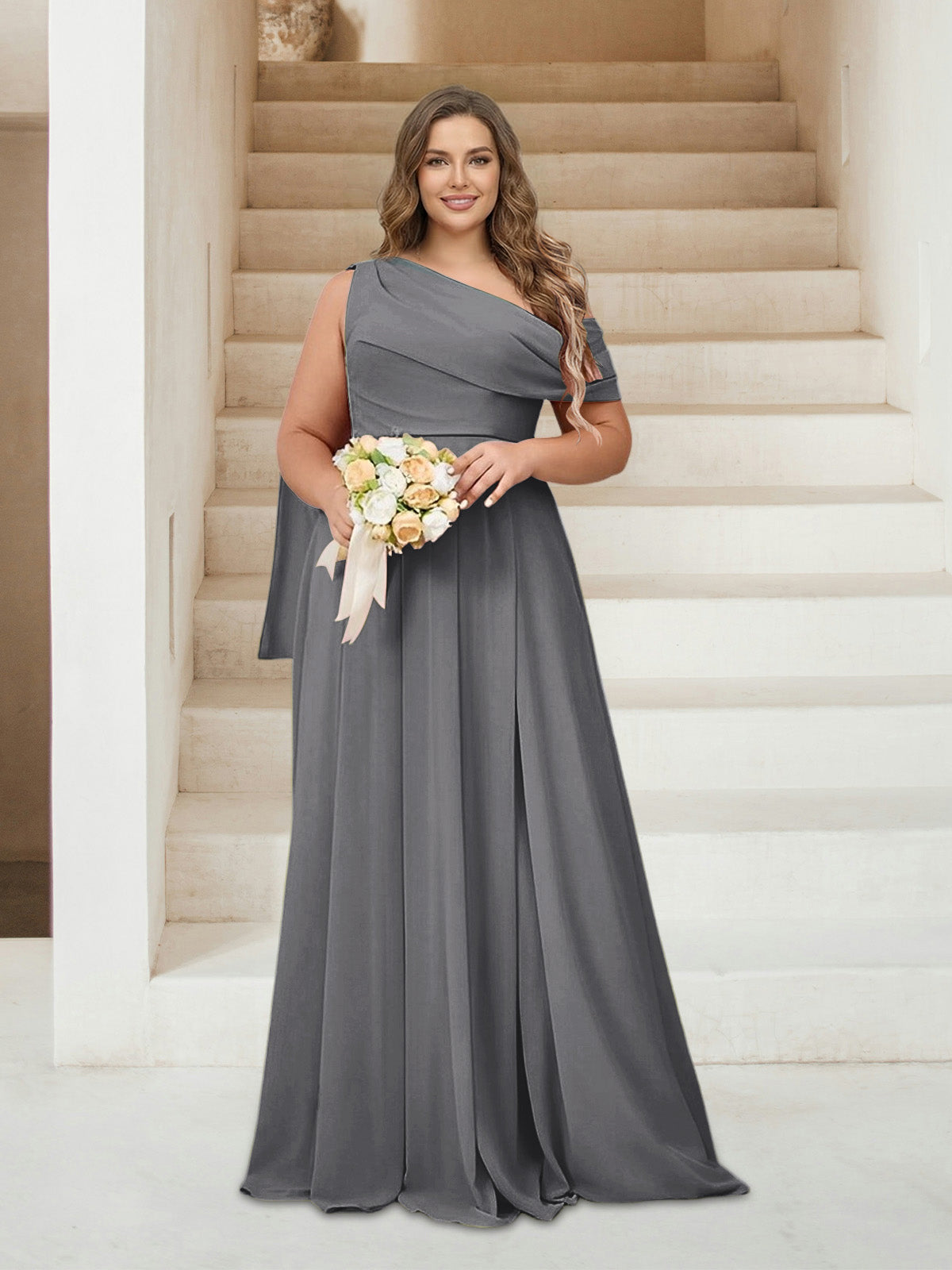 A-Line/Princess One-Shoulder Floor-Length Sleeveless Plus Size Bridesmaid Dresses Silver Gray