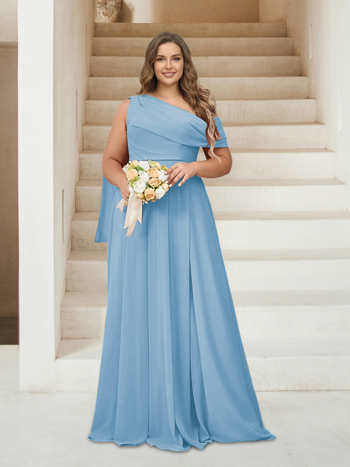 A-Line/Princess One-Shoulder Floor-Length Sleeveless Plus Size Bridesmaid Dresses Sky Blue