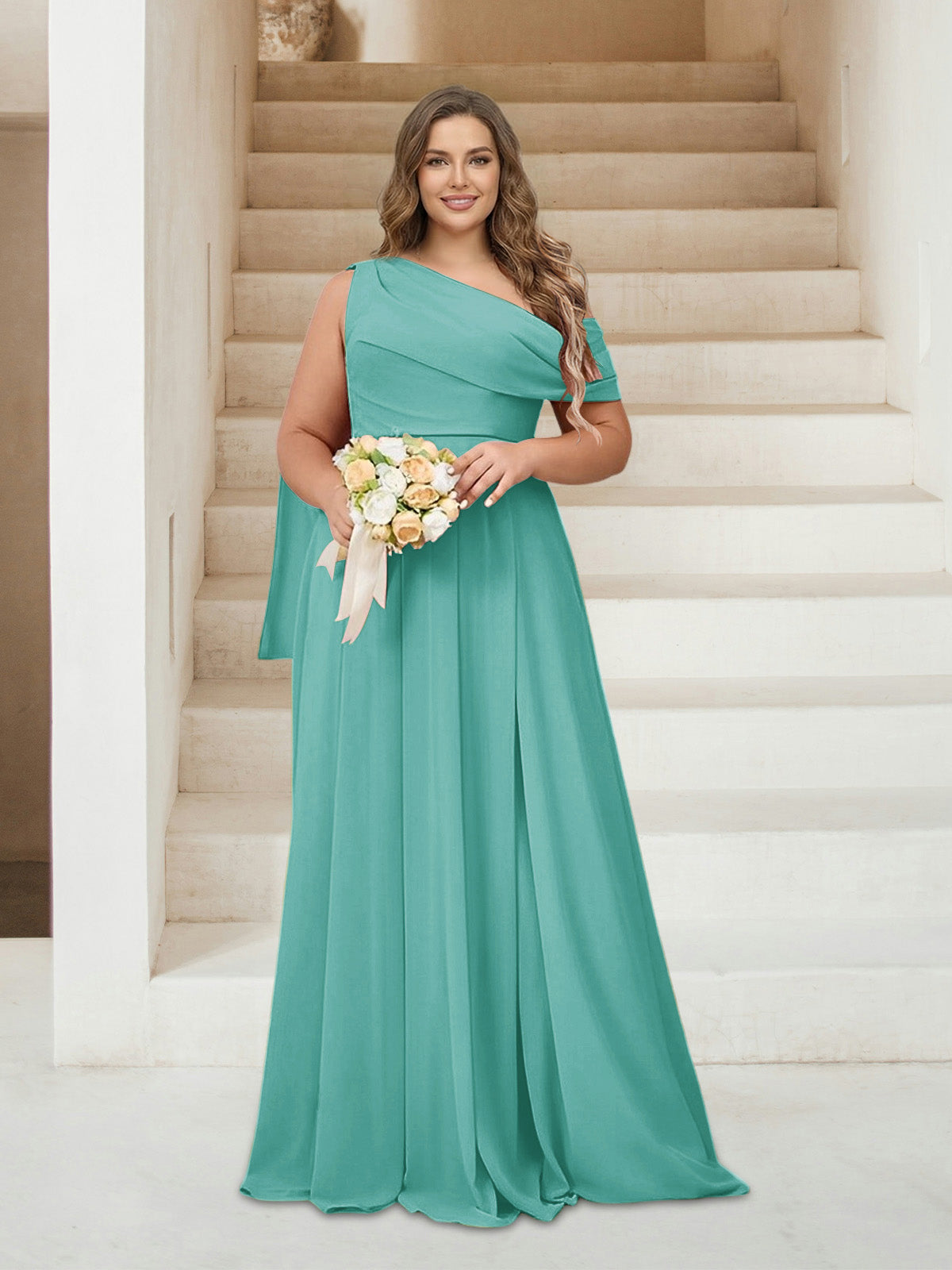 A-Line/Princess One-Shoulder Floor-Length Sleeveless Plus Size Bridesmaid Dresses Spa