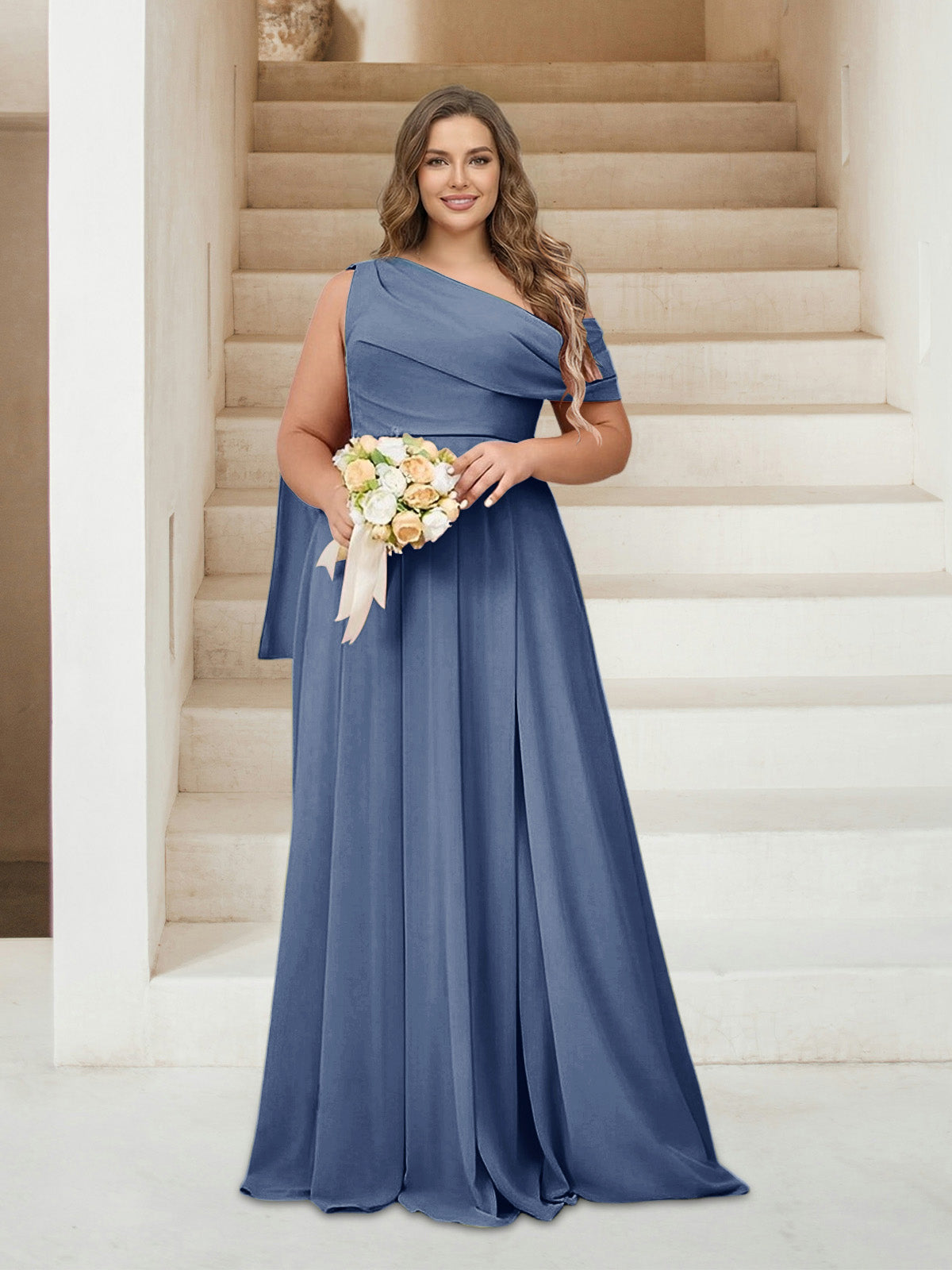 A-Line/Princess One-Shoulder Floor-Length Sleeveless Plus Size Bridesmaid Dresses Steel Blue