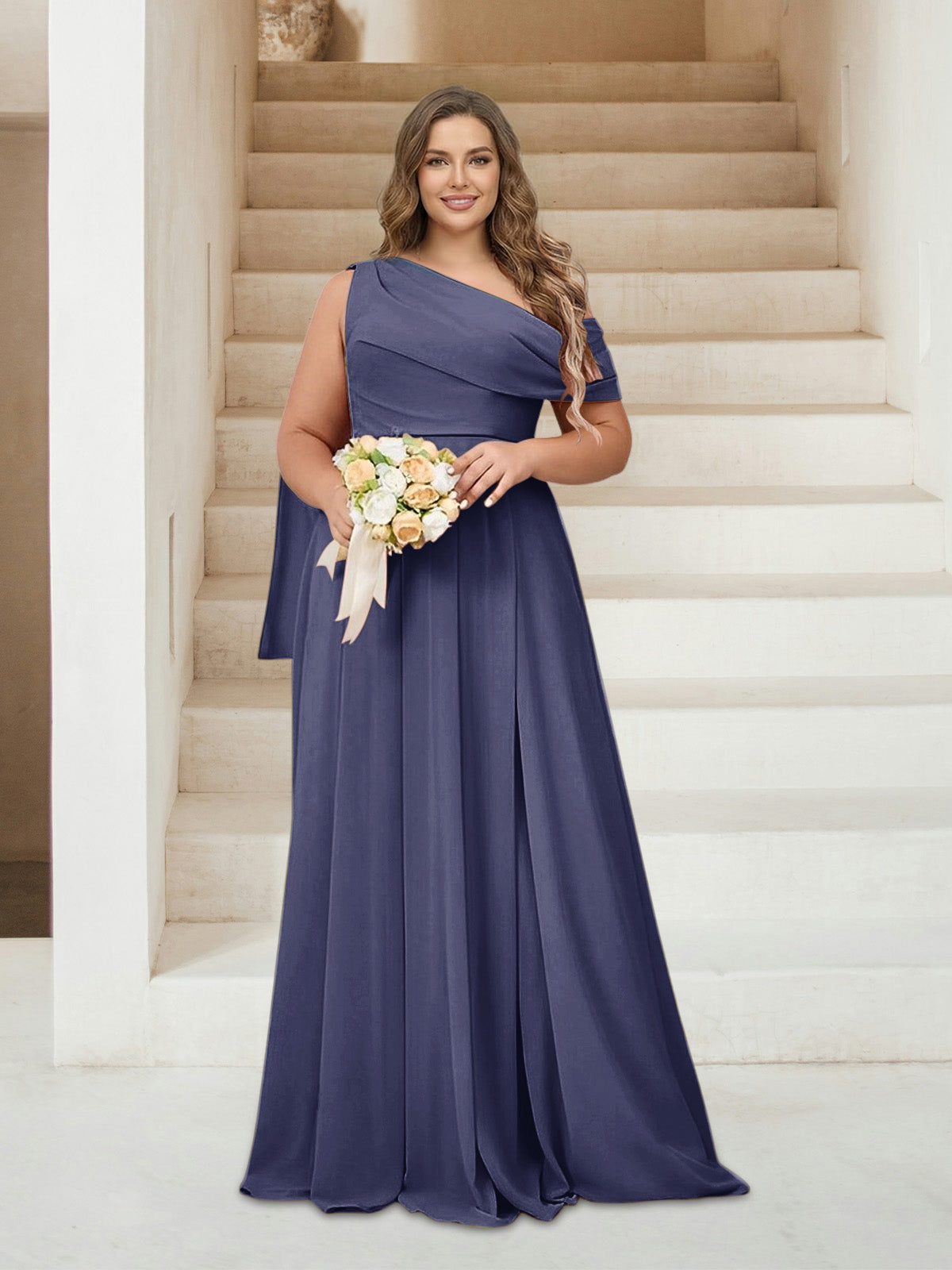 A-Line/Princess One-Shoulder Floor-Length Sleeveless Plus Size Bridesmaid Dresses Stormy Blue