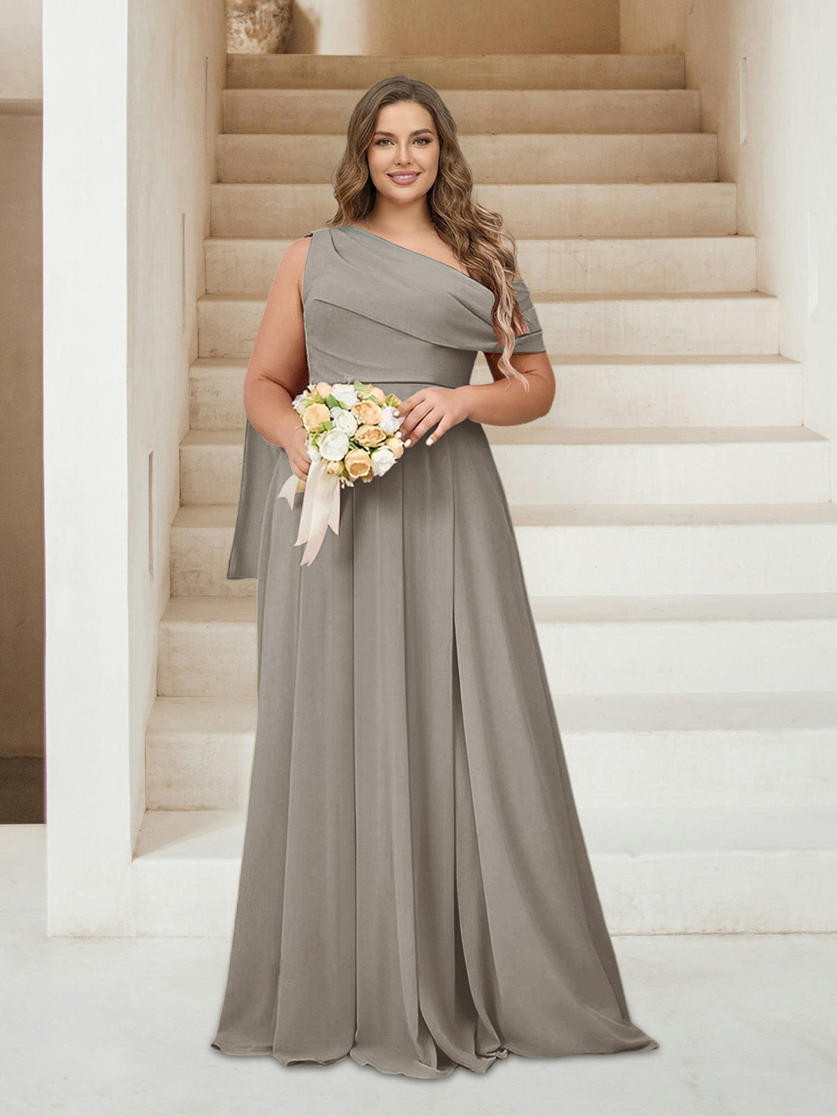 A-Line/Princess One-Shoulder Floor-Length Sleeveless Plus Size Bridesmaid Dresses Taupe