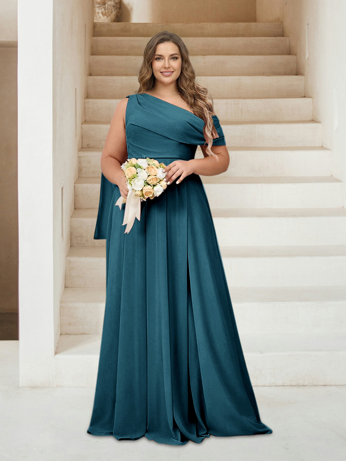 A-Line/Princess One-Shoulder Floor-Length Sleeveless Plus Size Bridesmaid Dresses Teal
