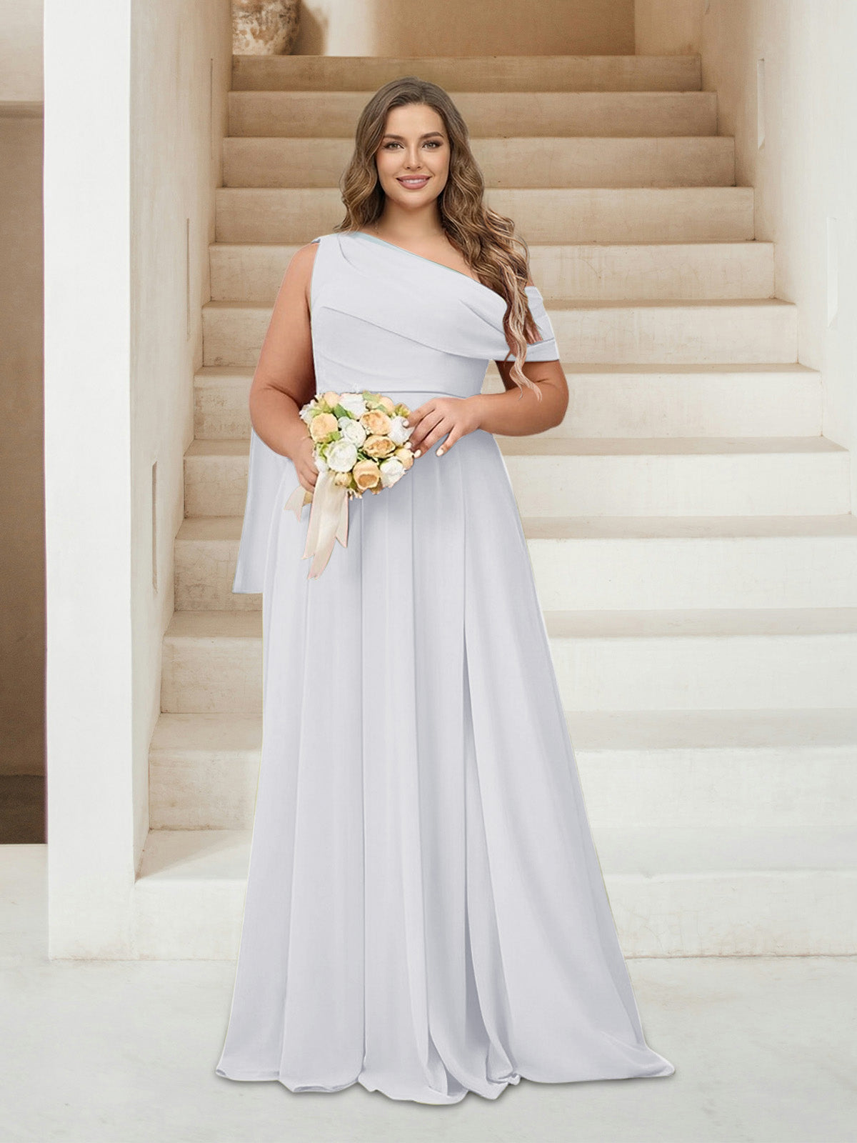 A-Line/Princess One-Shoulder Floor-Length Sleeveless Plus Size Bridesmaid Dresses White