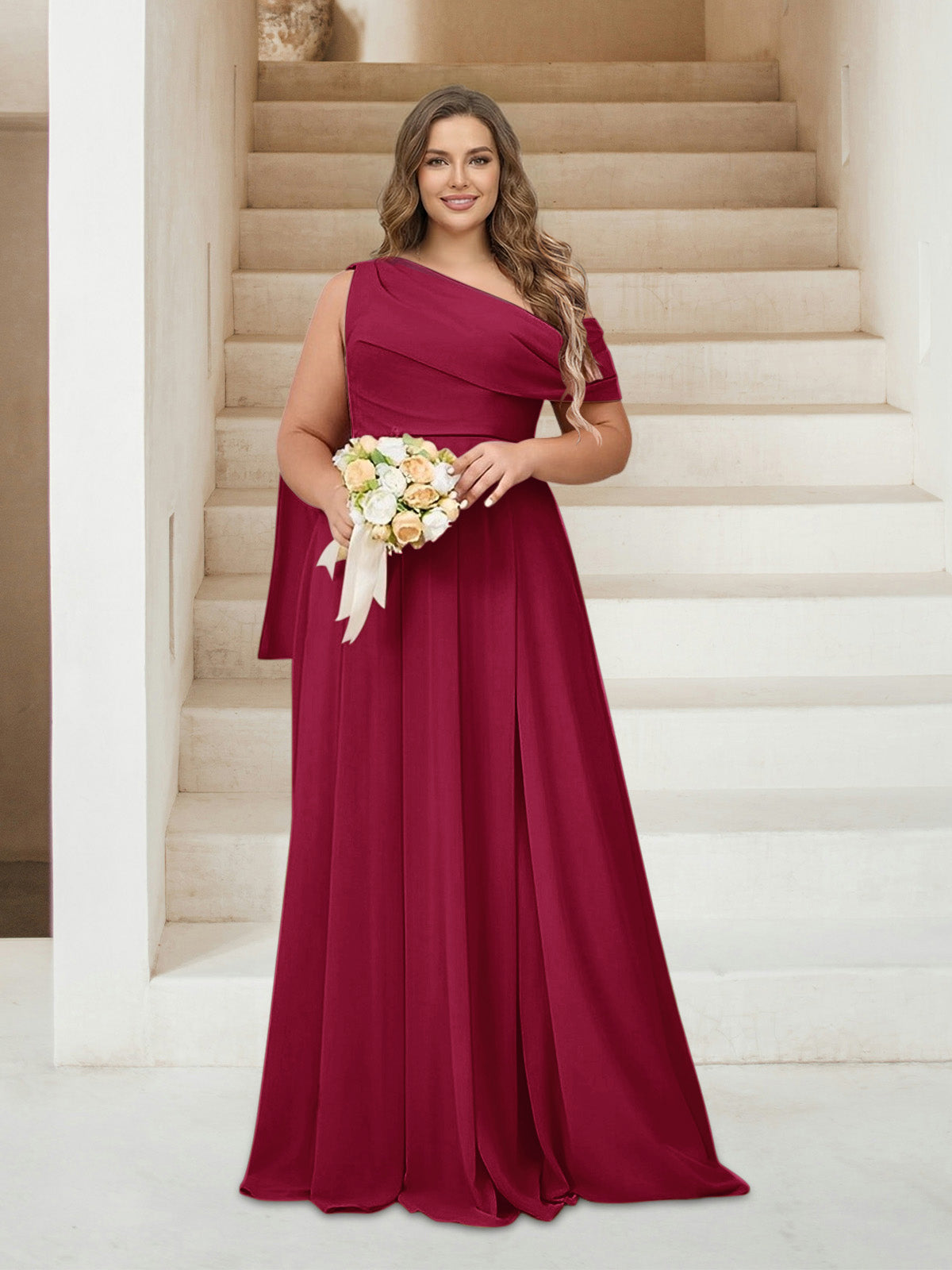 A-Line/Princess One-Shoulder Floor-Length Sleeveless Plus Size Bridesmaid Dresses Wine Red