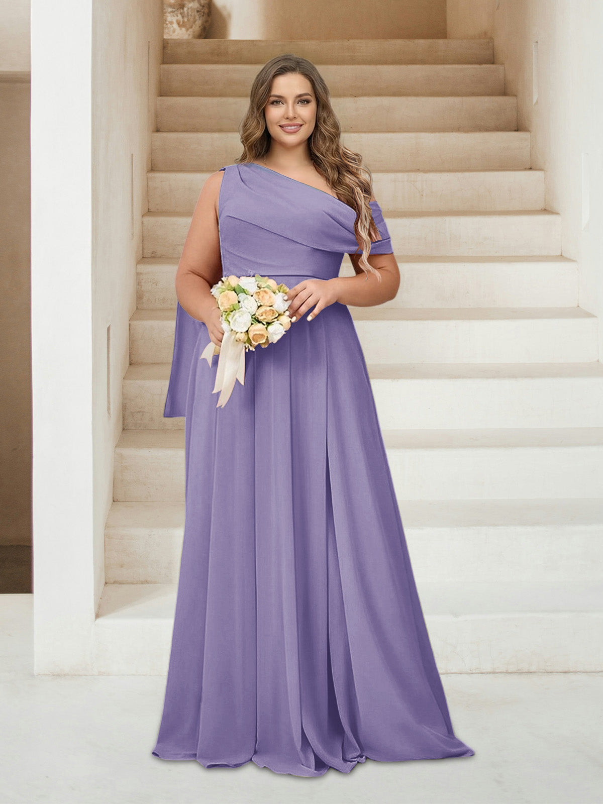 A-Line/Princess One-Shoulder Floor-Length Sleeveless Plus Size Bridesmaid Dresses Wisteria