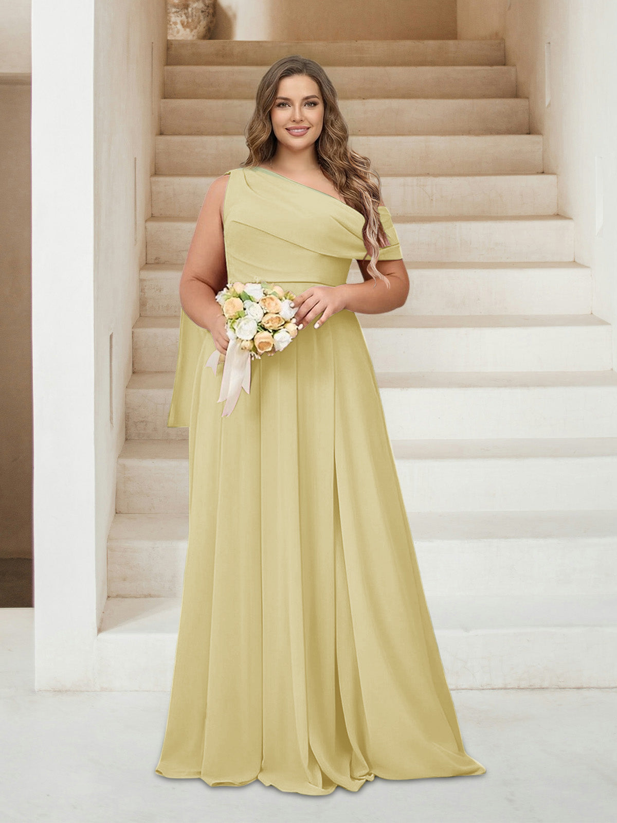 A-Line/Princess One-Shoulder Floor-Length Sleeveless Plus Size Bridesmaid Dresses Yellow