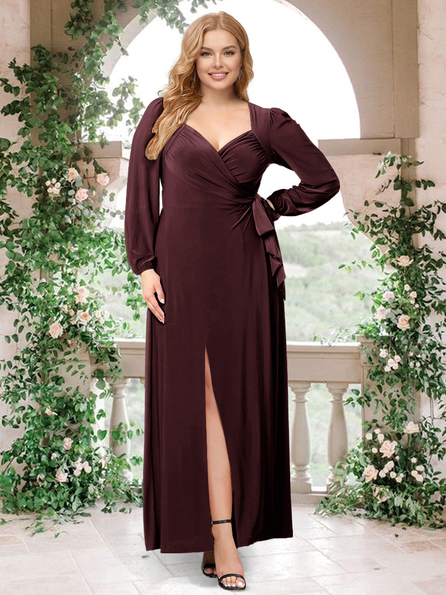 A-Line/Princess Sweetheart Long Sleeves Chiffon Plus Size Bridesmaid Dresses with Sash Burgundy
