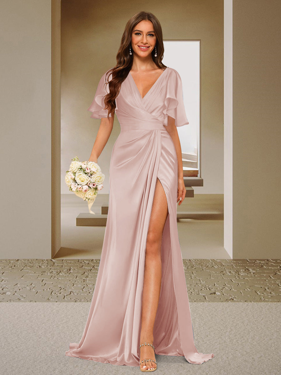 Trumpet/Mermaid V-Neck Short Sleeves Ruched Bridesmaid Dresses with Split Side & Ruffles Blush Pink