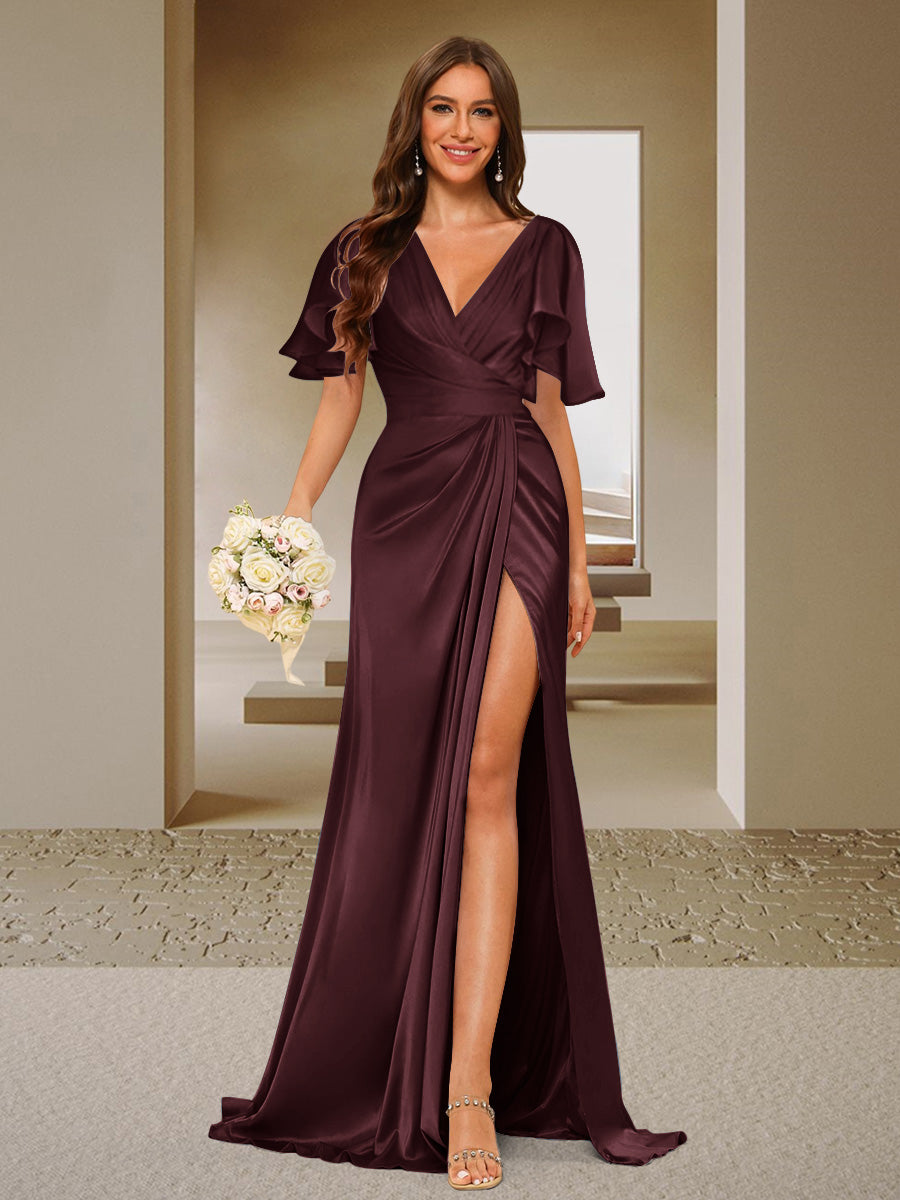 Trumpet/Mermaid V-Neck Short Sleeves Ruched Bridesmaid Dresses with Split Side & Ruffles Burgundy