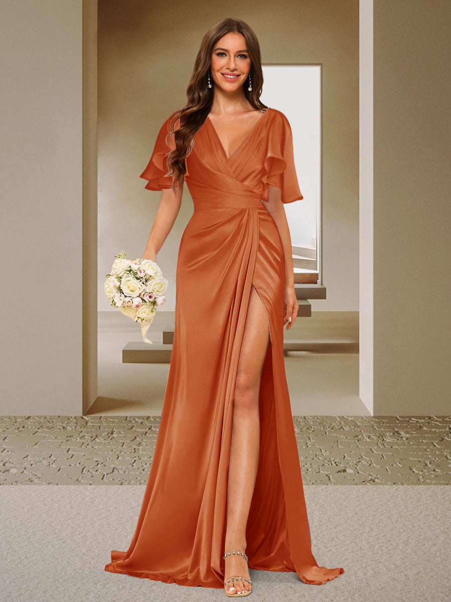 Trumpet/Mermaid V-Neck Short Sleeves Ruched Bridesmaid Dresses with Split Side & Ruffles Burnt Orange