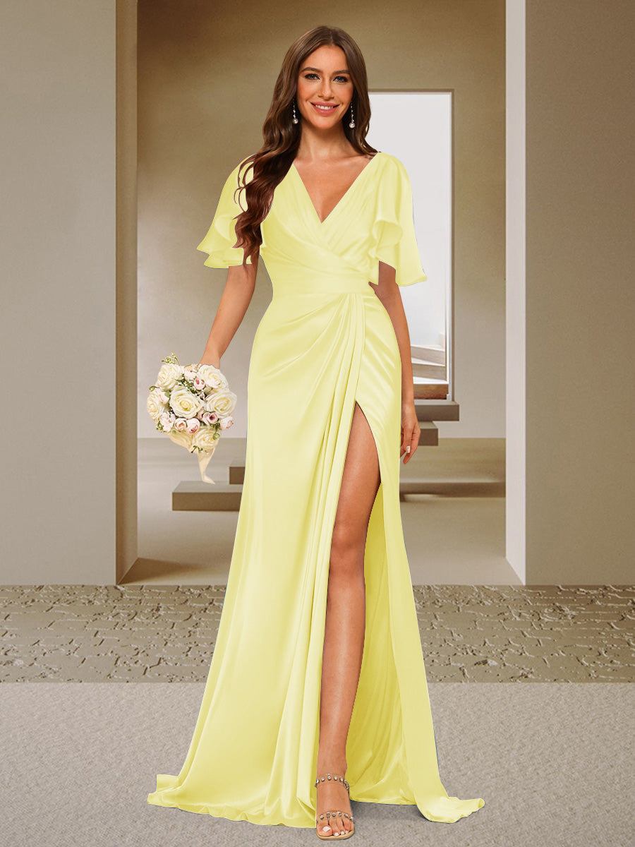 Trumpet/Mermaid V-Neck Short Sleeves Ruched Bridesmaid Dresses with Split Side & Ruffles Canary