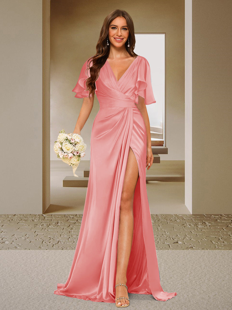 Trumpet/Mermaid V-Neck Short Sleeves Ruched Bridesmaid Dresses with Split Side & Ruffles Coral