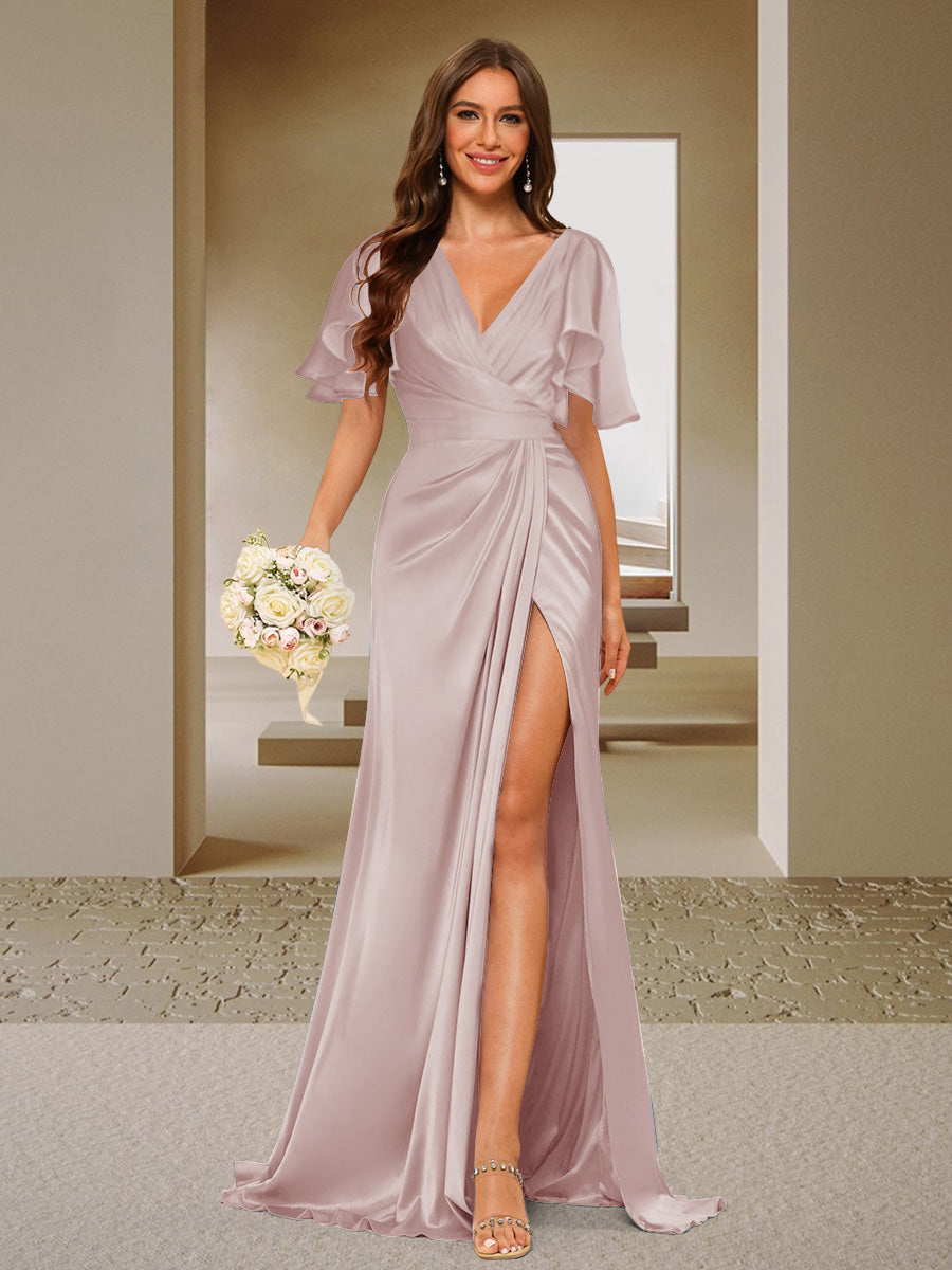 Trumpet/Mermaid V-Neck Short Sleeves Ruched Bridesmaid Dresses with Split Side & Ruffles Dusty Pink