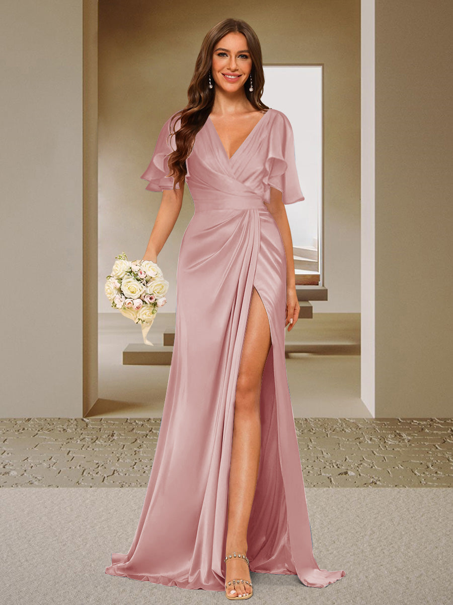 Trumpet/Mermaid V-Neck Short Sleeves Ruched Bridesmaid Dresses with Split Side & Ruffles Dusty Rose