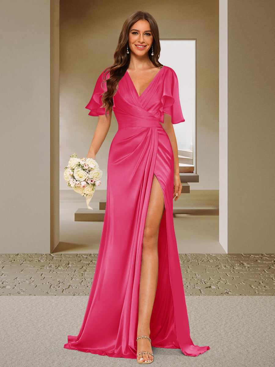 Trumpet/Mermaid V-Neck Short Sleeves Ruched Bridesmaid Dresses with Split Side & Ruffles Fuchsia Pink