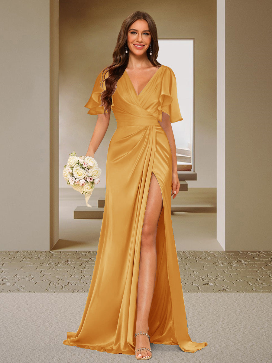 Trumpet/Mermaid V-Neck Short Sleeves Ruched Bridesmaid Dresses with Split Side & Ruffles Gold