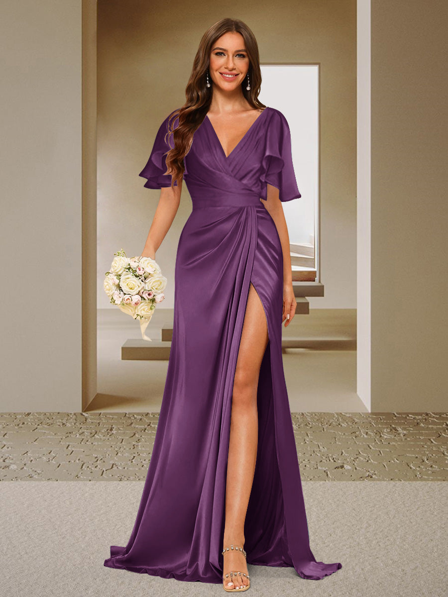 Trumpet/Mermaid V-Neck Short Sleeves Ruched Bridesmaid Dresses with Split Side & Ruffles Grape