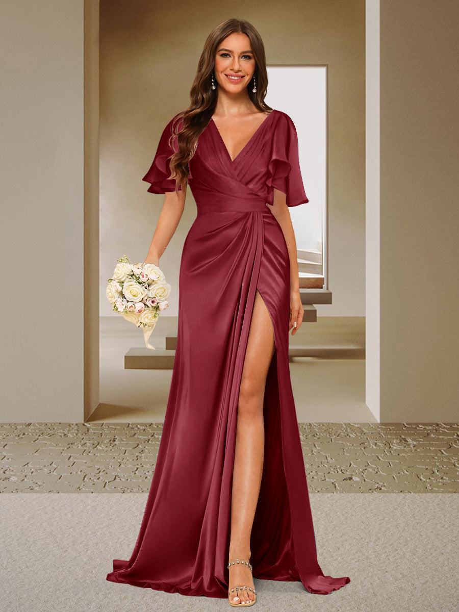Trumpet/Mermaid V-Neck Short Sleeves Ruched Bridesmaid Dresses with Split Side & Ruffles Light Burgundy