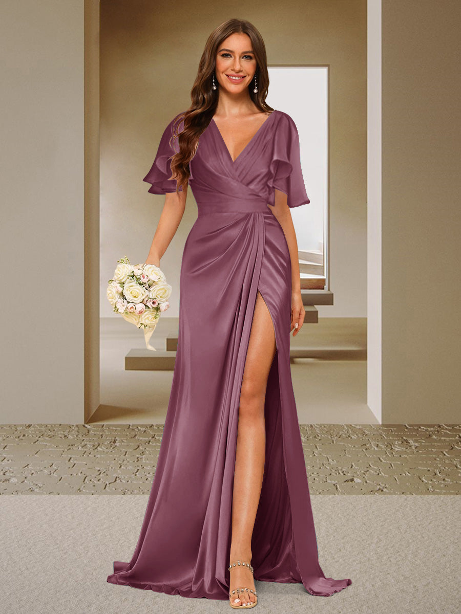 Trumpet/Mermaid V-Neck Short Sleeves Ruched Bridesmaid Dresses with Split Side & Ruffles Mulberry