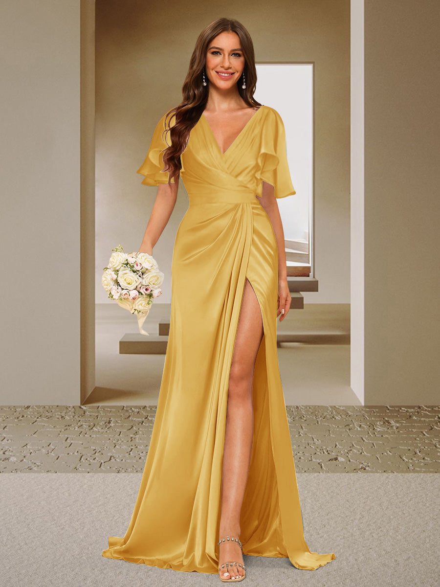Trumpet/Mermaid V-Neck Short Sleeves Ruched Bridesmaid Dresses with Split Side & Ruffles Mustard Yellow