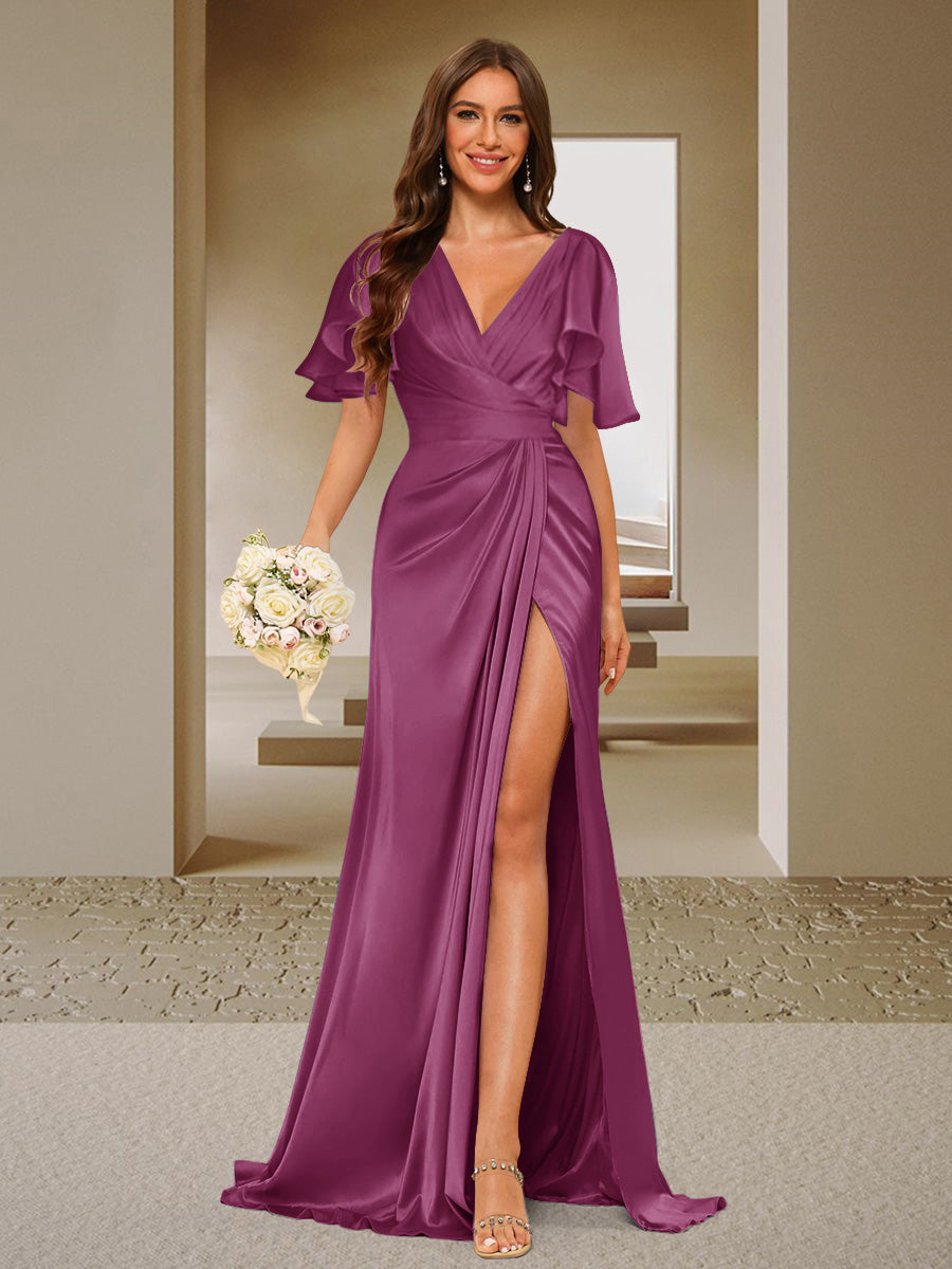 Trumpet/Mermaid V-Neck Short Sleeves Ruched Bridesmaid Dresses with Split Side & Ruffles Orchid