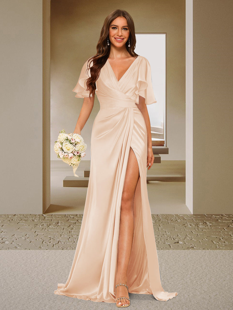 Trumpet/Mermaid V-Neck Short Sleeves Ruched Bridesmaid Dresses with Split Side & Ruffles Peach Pink