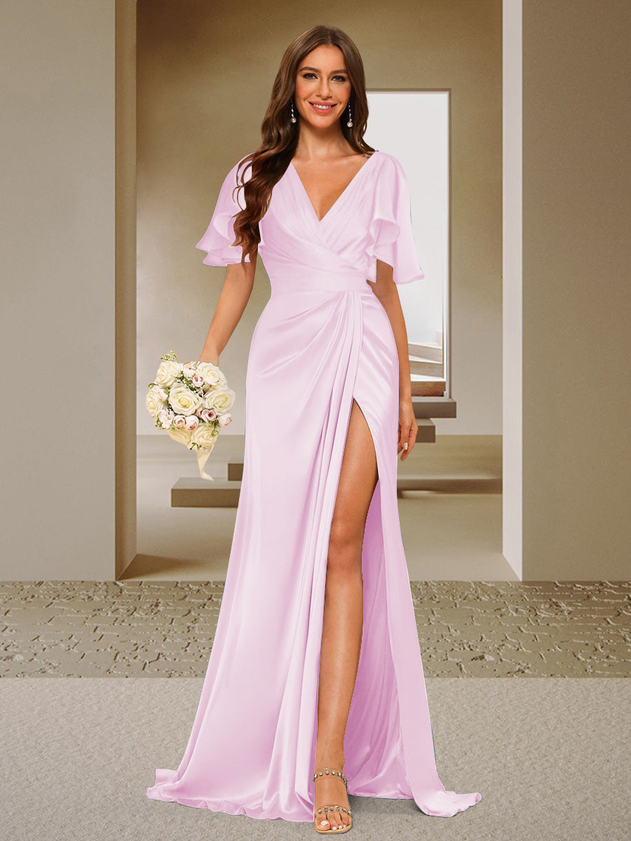 Trumpet/Mermaid V-Neck Short Sleeves Ruched Bridesmaid Dresses with Split Side & Ruffles Pink