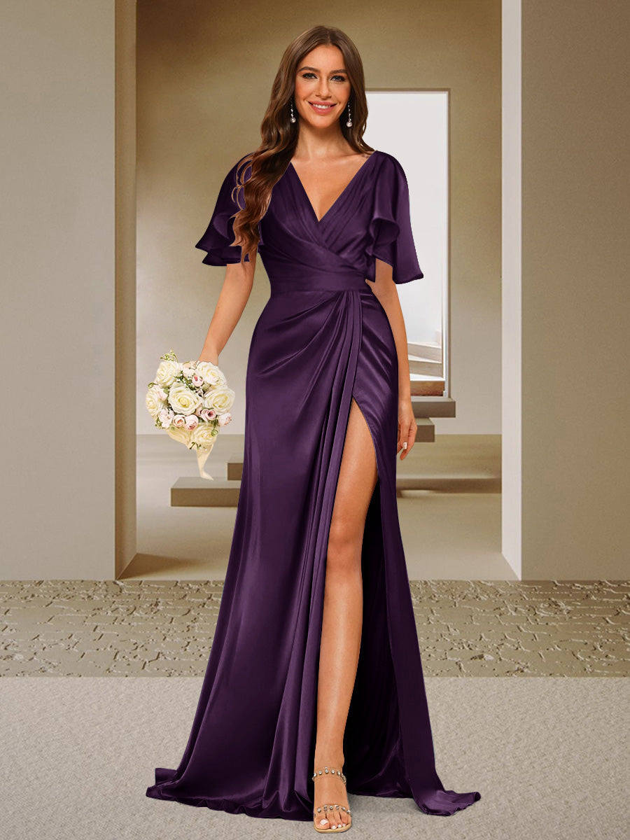 Trumpet/Mermaid V-Neck Short Sleeves Ruched Bridesmaid Dresses with Split Side & Ruffles Plum