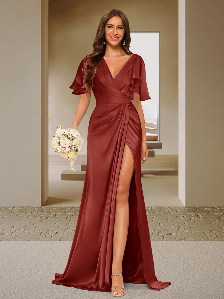 Trumpet/Mermaid V-Neck Short Sleeves Ruched Bridesmaid Dresses with Split Side & Ruffles Rust