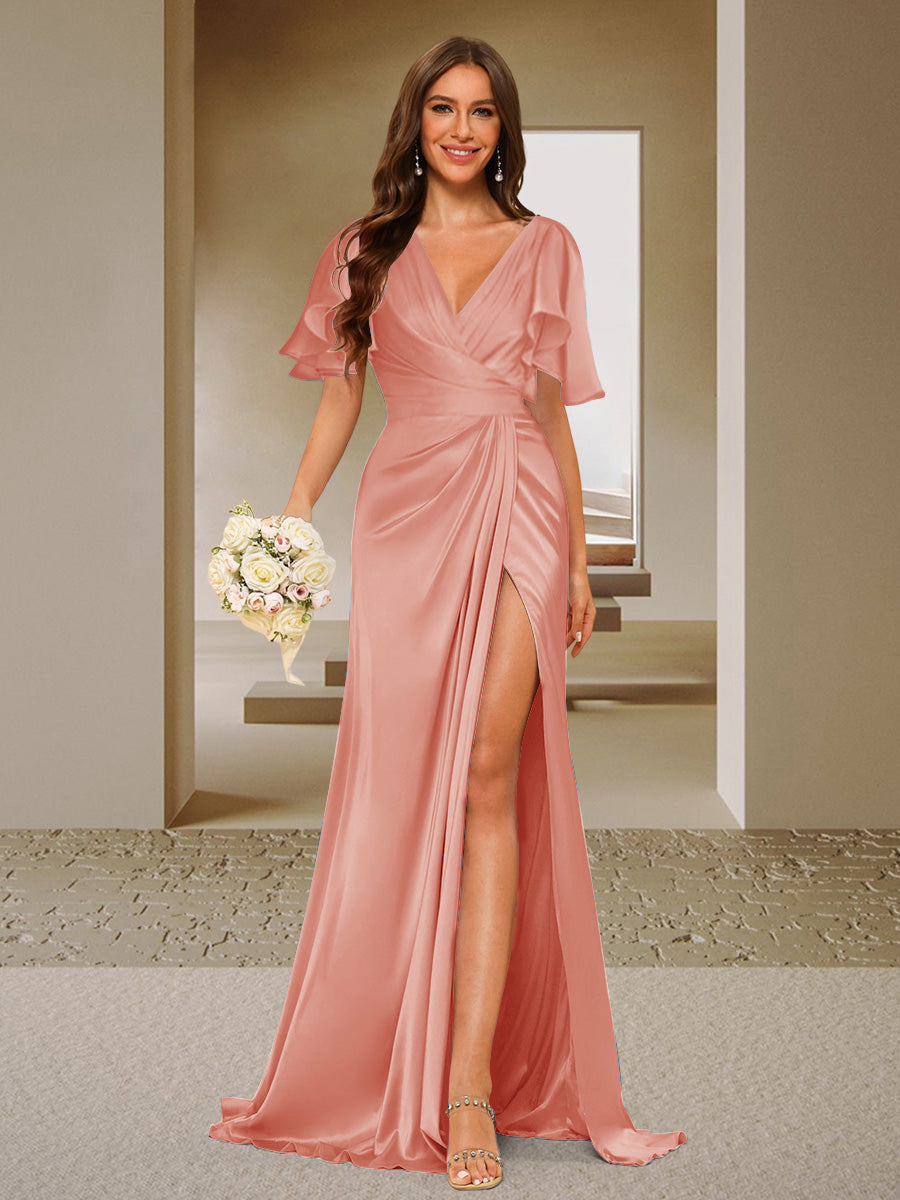 Trumpet/Mermaid V-Neck Short Sleeves Ruched Bridesmaid Dresses with Split Side & Ruffles Salmon