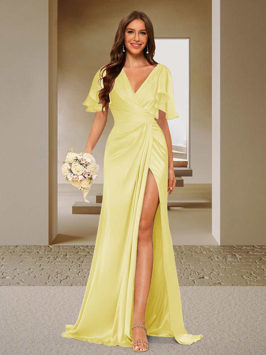 Trumpet/Mermaid V-Neck Short Sleeves Ruched Bridesmaid Dresses with Split Side & Ruffles Yellow