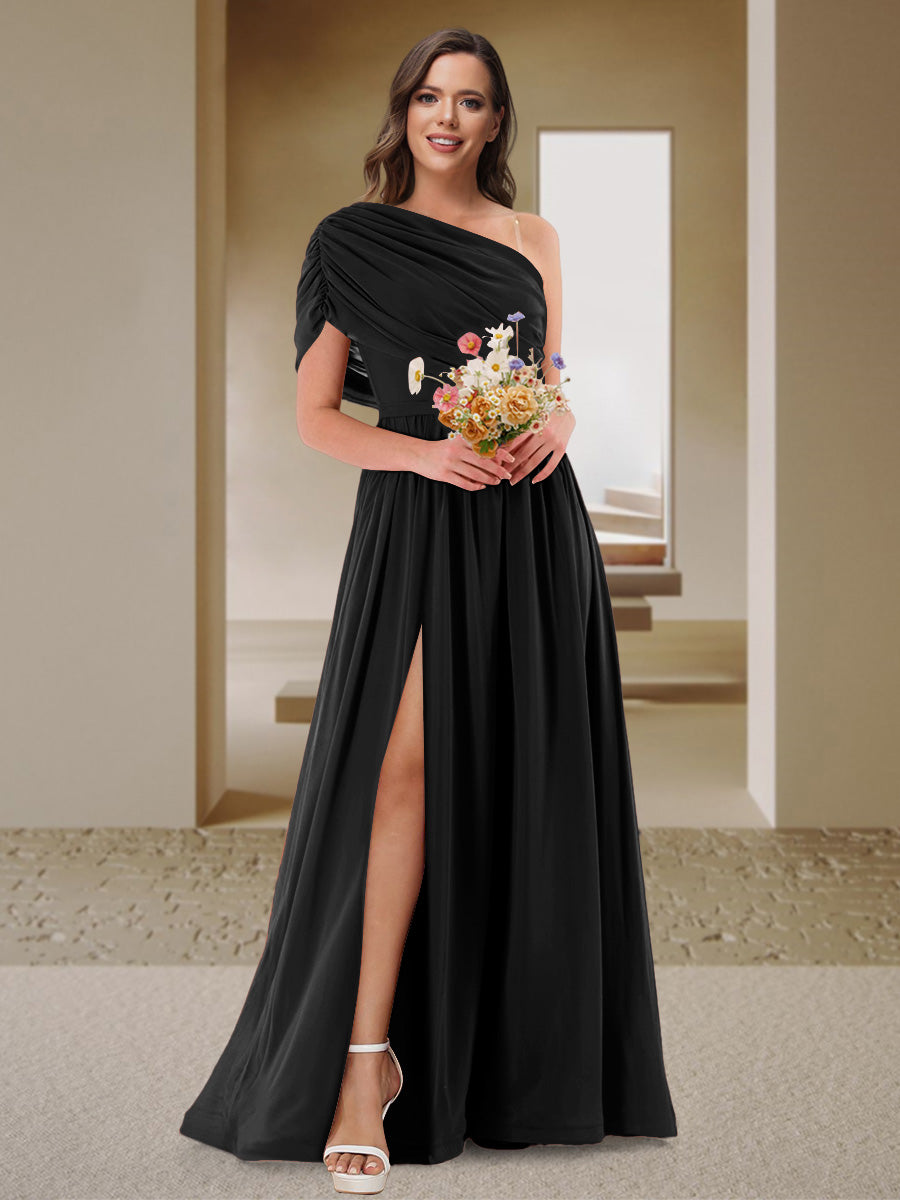 A-Line/Princess One-Shoulder Ruched Satin Bridesmaid Dresses with Side Slit Black