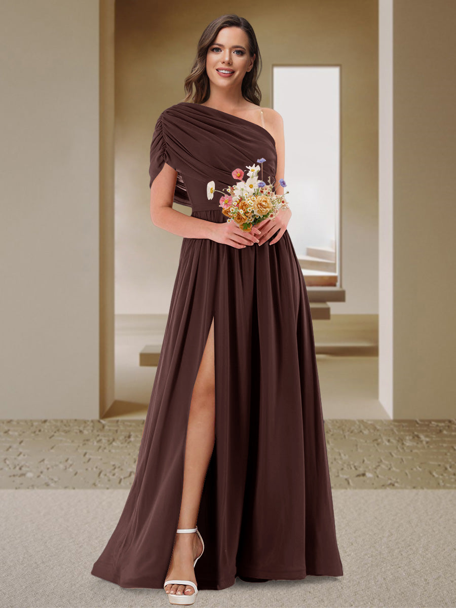 A-Line/Princess One-Shoulder Ruched Satin Bridesmaid Dresses with Side Slit Brown