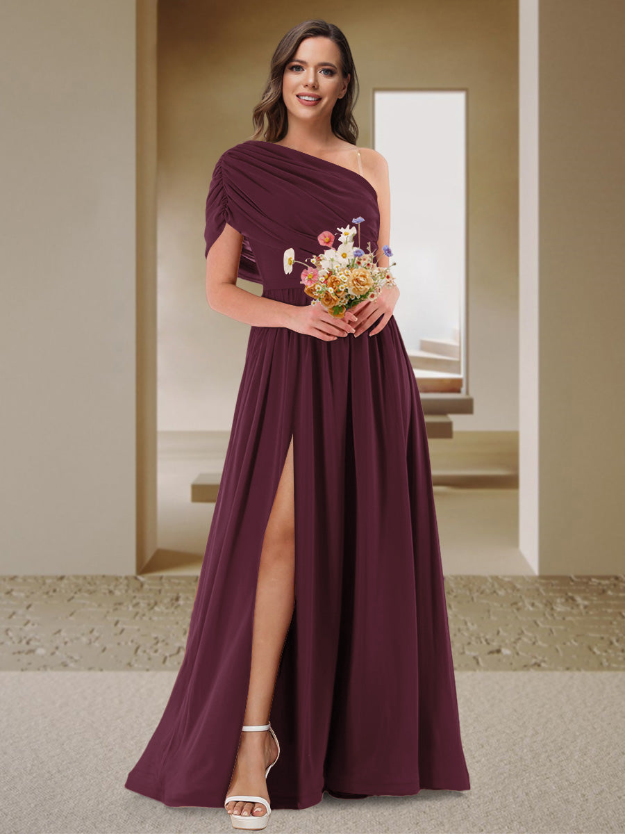 A-Line/Princess One-Shoulder Ruched Satin Bridesmaid Dresses with Side Slit Burgundy