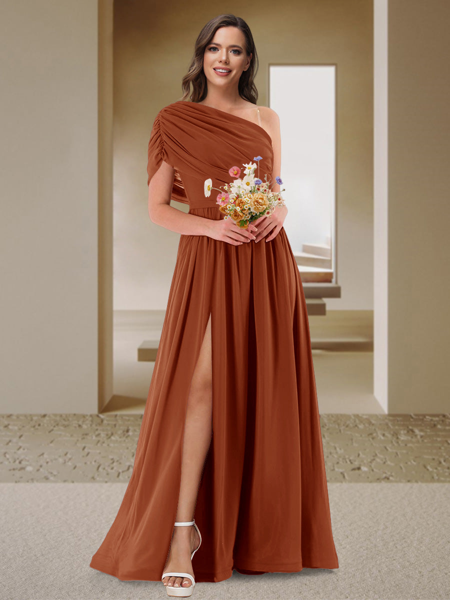 A-Line/Princess One-Shoulder Ruched Satin Bridesmaid Dresses with Side Slit Burnt Orange