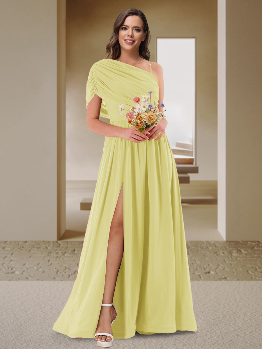 A-Line/Princess One-Shoulder Ruched Satin Bridesmaid Dresses with Side Slit Canary