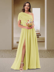 A-Line/Princess One-Shoulder Ruched Satin Bridesmaid Dresses with Side Slit Canary