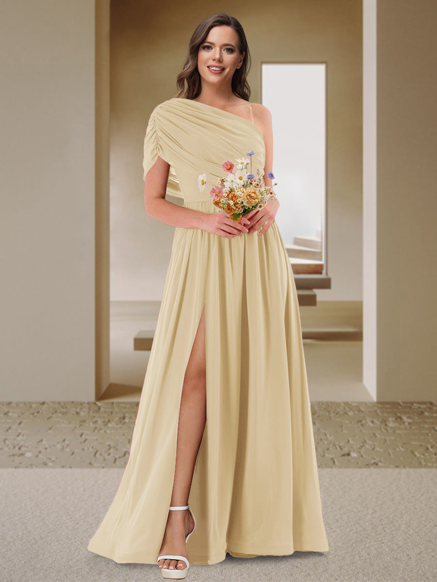 A-Line/Princess One-Shoulder Ruched Satin Bridesmaid Dresses with Side Slit Champagne